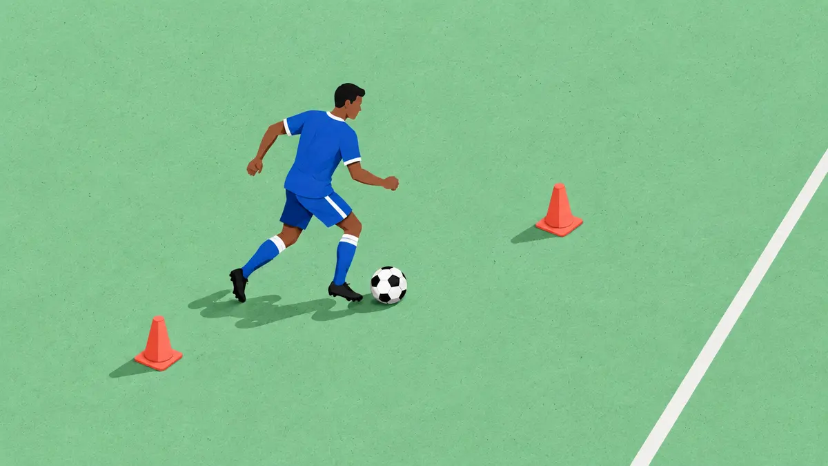 A fictional footballer dribbles one ball between two training cones. Taking part in practice does not establish a matchday role.