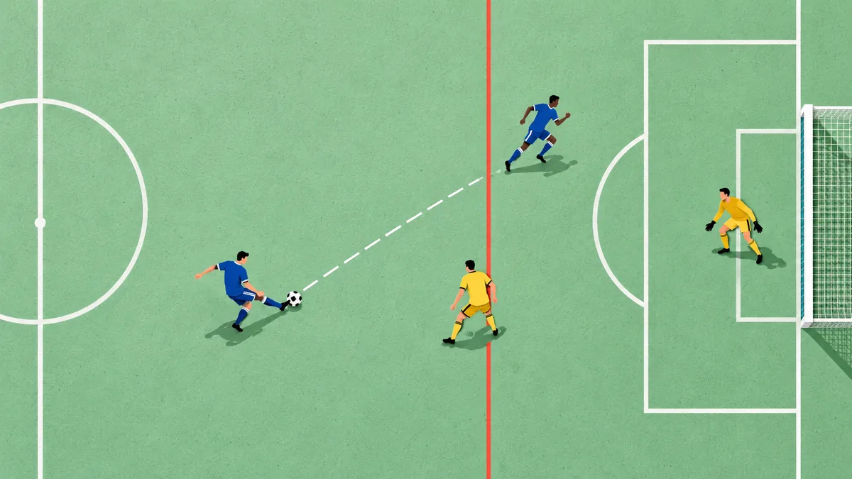 Illustrated offside position: a blue runner is beyond the ball and a yellow defender as a team-mate passes towards the right-hand goal.