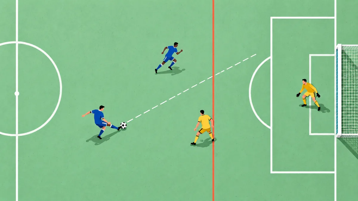 At the pass, the blue runner is entirely behind the yellow defender's reference line; the goalkeeper is nearer the right-hand goal.
