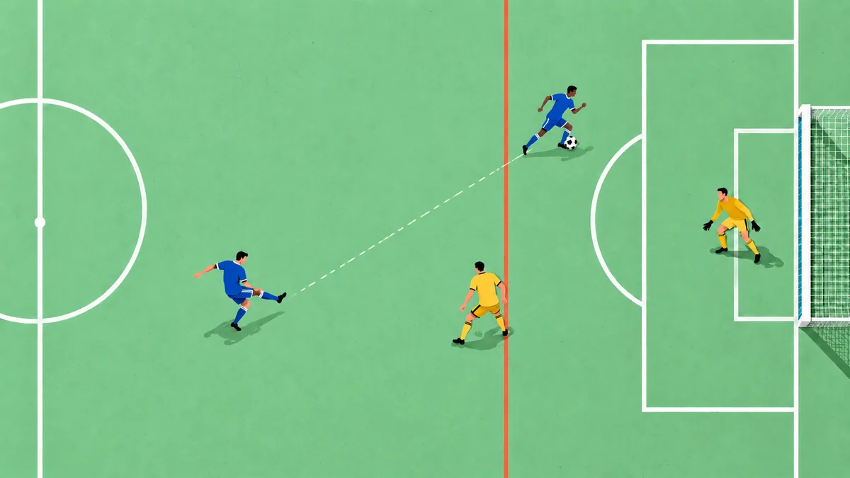 Later in the same example, the blue runner receives the ball beyond the defender, having started onside at the original pass.
