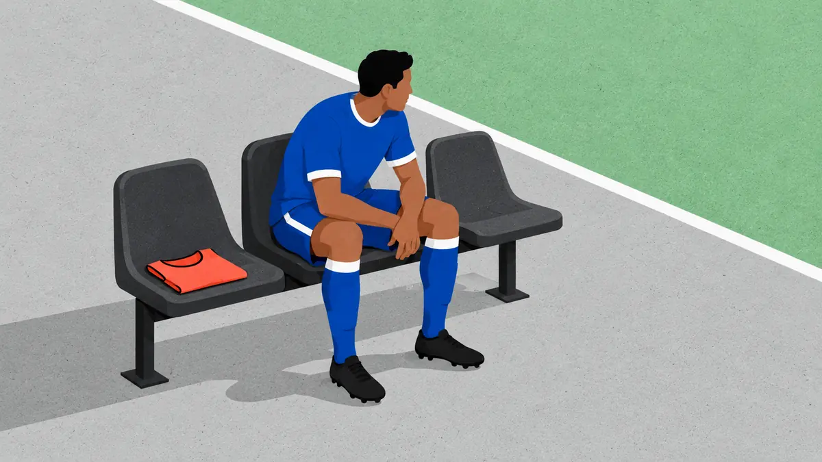 A fictional blue-shirted substitute sits on the bench outside the touchline. Being named among the substitutes does not establish an appearance.