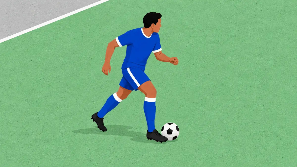 The same fictional blue-shirted player now controls the ball on the pitch, illustrating participation after coming on as a substitute.