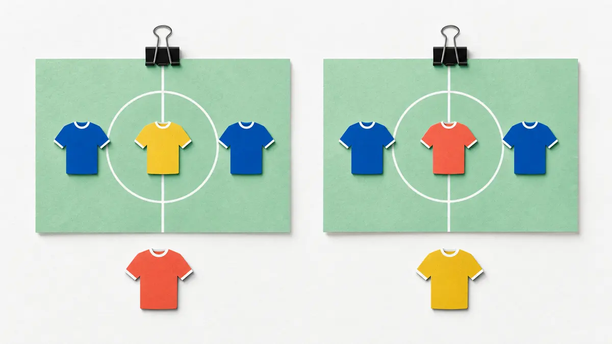 Two fictional team-sheet excerpts swap a gold and a coral shirt in one starting place between matches; blue shirts keep the surrounding places.