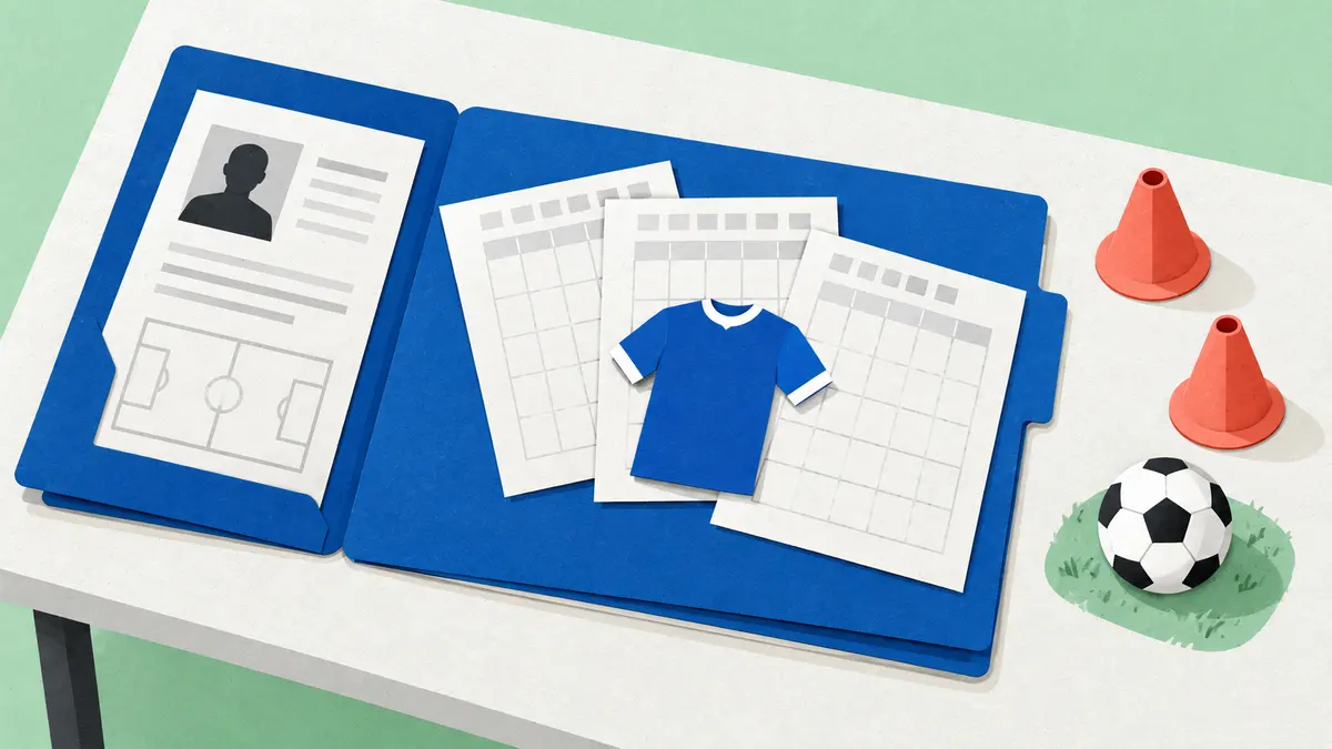 Calendar pages in a football registration folder beside training equipment represent a player's documented development history, not a nationality test.