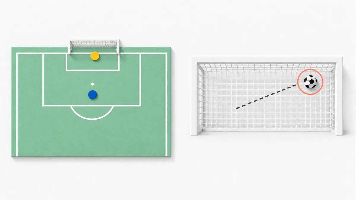 Left: a blue shot-location marker on a penalty-area diagram. Right: a separate front-on goal view marks a ball's path towards the upper corner.